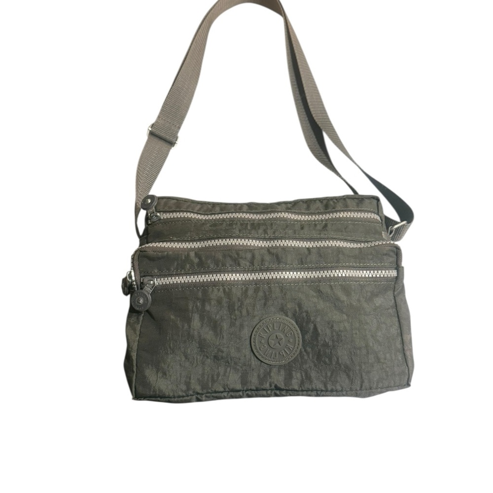 Kipling Alvar Forest Grey Nylon Crossbody Bag 12”X 10” Adjustable Strap RARE